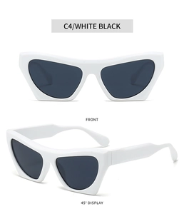 Detailed front and side views of chic white cat-eye sunglasses with dark lenses
