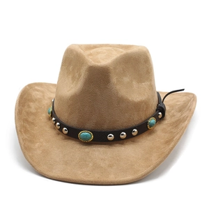 Classic camel faux suede western cowboy hat with turquoise and silver studded band
