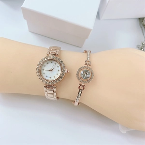 Rose gold quartz watch and zircon bracelet set for women with mother of pearl dial