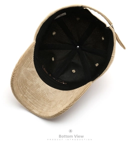 Detail view of khaki corduroy baseball cap interior with six-panel construction and strap