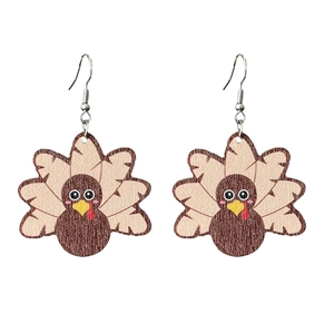 Cartoon turkey wooden drop earrings with festive brown and beige tones for Thanksgiving