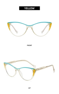 Front and side view of yellow cat eye anti-blue light glasses frames for women
