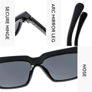 Detail shots of secure hinges, arc mirror legs, and comfortable nose pads on black sunglasses