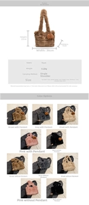 Detailed dimension guide for plush checkered tote bag with brown bear accessory