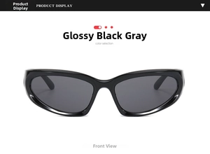 Front view of Y2K style silver rectangular sunglasses with bright black frame and grey lens