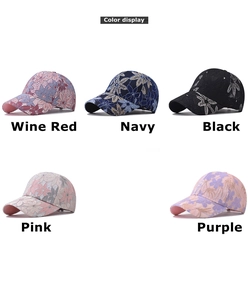 Detailed color display of breathable floral lace baseball caps in five various colors