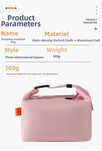 Detail of pink dumpling lunch bag made of oxford cloth and aluminum foil lining