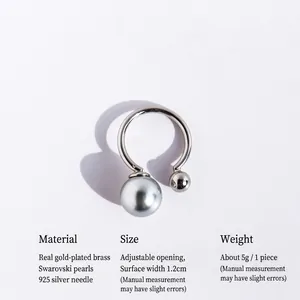 Minimalist adjustable U-shaped open ring featuring two grey pearls on silver brass band