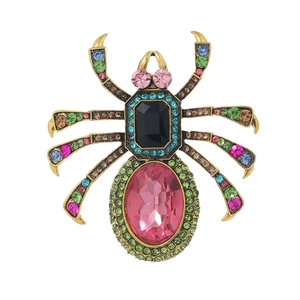 Pink oval crystal spider brooch in vintage gold finish with colorful rhinestones
