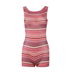 Macro detail of high-quality knit texture on a colorful striped backless sleeveless romper