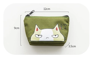 Detail view showing green canvas coin purse dimensions 12x9x3.5cm with cute cat print