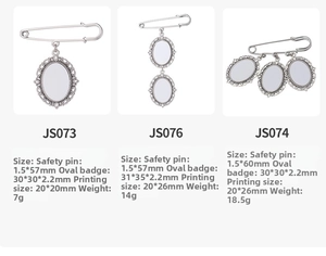 Detail of silver alloy DIY brooch pin base with oval sublimation photo charm frames
