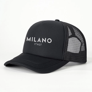Classic black trucker hat featuring Milano Italy print and breathable mesh back