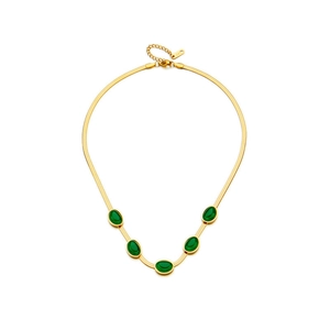 Golden snake chain necklace featuring five green oval gemstones on a white background