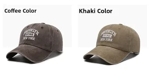 Detailed embroidery of Brooklyn Est. 1831 on washed cotton coffee and khaki baseball caps