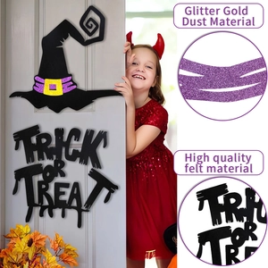 Halloween witch hat and Trick or Treat door decor in glittery purple and black felt