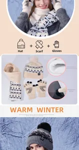 Detailed close-up of winter knit set featuring thick fleece lining and touchscreen gloves