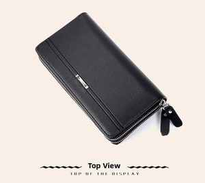 Top view of men's business clutch wallet in black litchi pattern leather with dual zippers