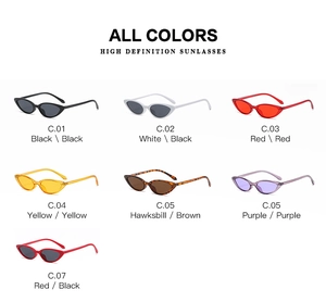 Detailed grid view of retro cat eye sunglasses in seven vibrant colors and frame styles