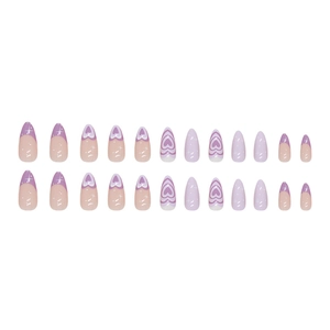 Almond press-on nails featuring purple hearts and starry accents with glossy finish