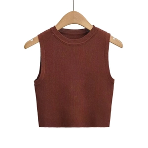 Close-up detail of the brown ribbed knit sleeveless crop top with crew neck design