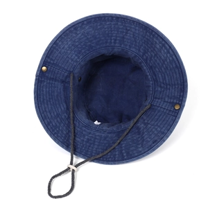 Dark blue washed cotton outdoor sun hat with wide brim and adjustable windproof cord