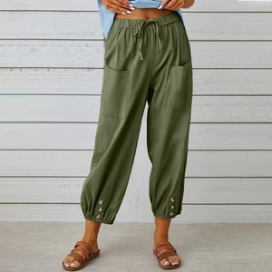Army green linen blend wide leg lantern pants with drawstring waist and buttoned cuffs