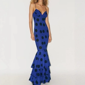 Polka dot retro chiffon fishtail maxi dress with layered ruffle hem and slim fit straps