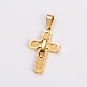 Macro view of gold plated stainless steel cross pendant with double-layered polished finish