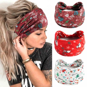 Elastic Christmas headband set featuring festive reindeer, snowmen, and tree patterns