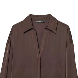 Formal deep brown satin long-sleeve shirt with V-neck lapel and smooth silk texture