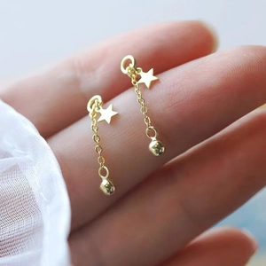 Elegant gold titanium steel star stud earrings with hanging tassel chains and round beads