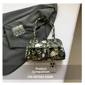 Close-up of floral skull canvas tote bag with dual front pockets and smartphone for scale