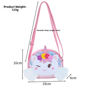 Pink unicorn crossbody bag with glitter wings and 19x16x6cm size details shown