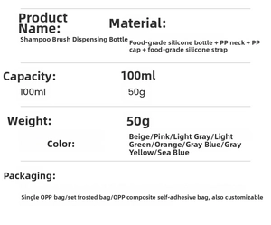 Detailed chart showing 100ml silicone travel bottle specs for shampoo and massage brush