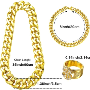 Gold hip hop jewelry set with chunky Cuban chain necklace, bracelet and dollar ring