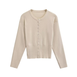 Classic beige round neck long sleeve knit cardigan with ribbed cuffs and button closure