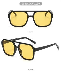 Detail view showing C2 aviator sunglasses with black frame and yellow lenses from two angles