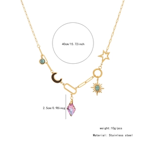 Detailed view of gold stainless steel necklace with star, moon, and sun charms and dimensions