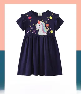 Detail of unicorn sequin embroidery and ruffled sleeves on navy short-sleeve dress