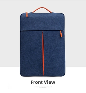 Detail of dark blue laptop sleeve featuring orange handle and stylish contrast zipper design