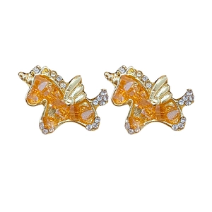 Vintage unicorn stud earrings with gold plating, amber resin, and sparkling zircon stones