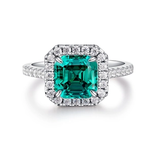 Elegant S925 sterling silver ring with emerald cut green zircon and halo pavé setting
