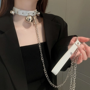 White leather choker with silver bell and metal chain lead leash for women