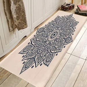 Detail of bohemian mandala flannel floor mat on light wooden floor in cozy room