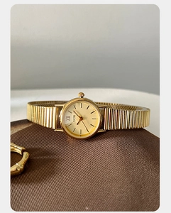 Detailed view of golden vintage ladies watch with iridescent dial and expandable band