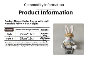 Detailed size chart for Easter glowing bunny plush doll with dimensions and weight info