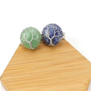 Handcrafted tree of life wire-wrapped rings with green aventurine and blue sodalite stones