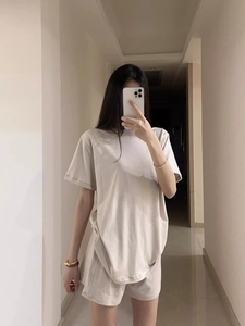 Comfortable beige loose-fit short sleeve T-shirt and drawstring shorts home pajama set