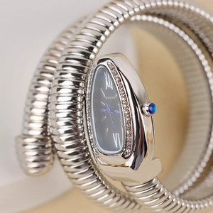 Silver snake-shaped wrap watch with black oval dial and sparkling crystal bezel